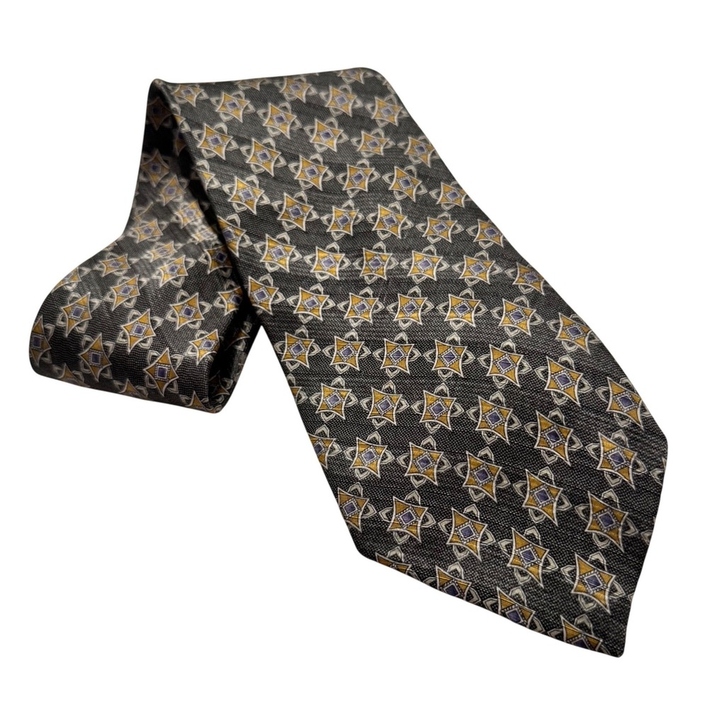 Zanzara Mens Silk Necktie Charcoal Grey Gold Geometric Star Pattern Hand Made